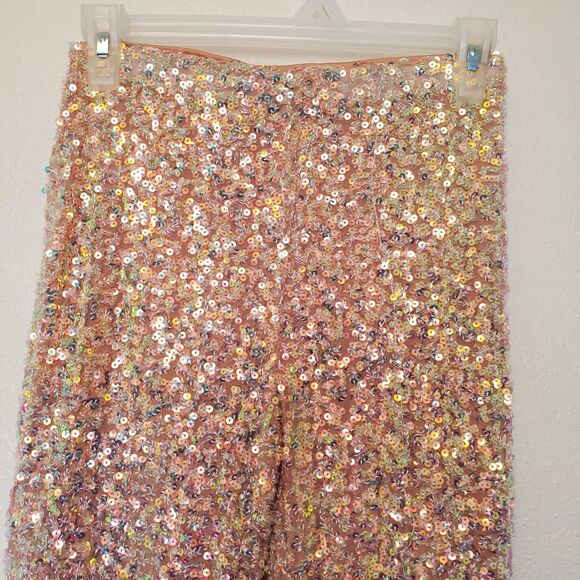 Forever 21 Sequin Mid Rise Flare Pants Women's Size S Pullon Peach Pink - Picture 2 of 16